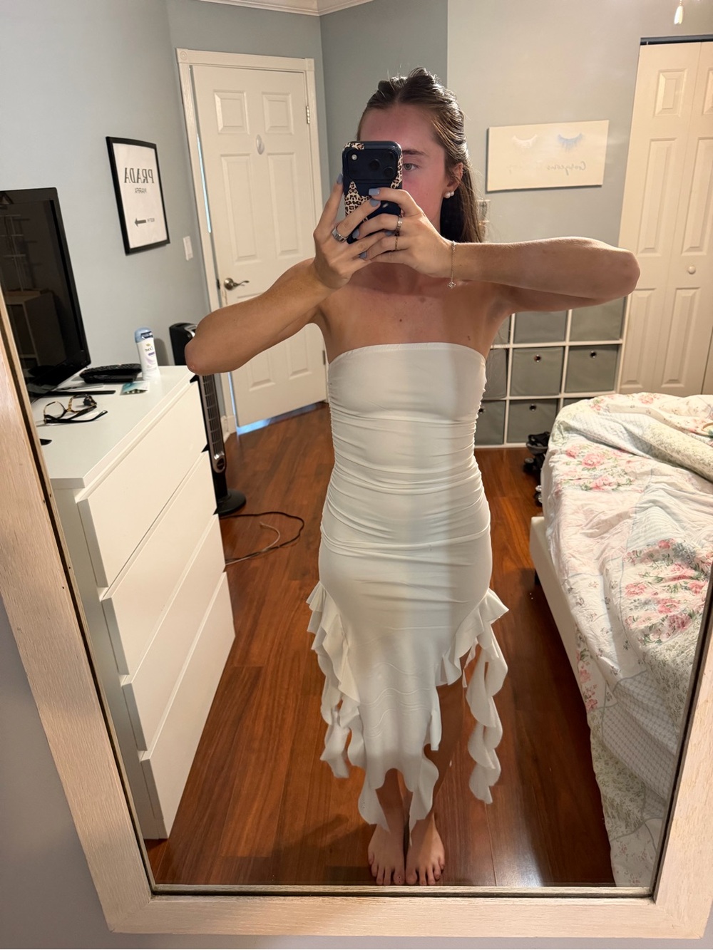 Strapless White Ruffle-Hem Maxi Dress